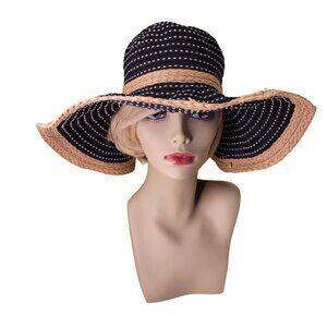 𝅺BIG Brim Black White Natural Straw colored Raffia Edged Floppy Hat